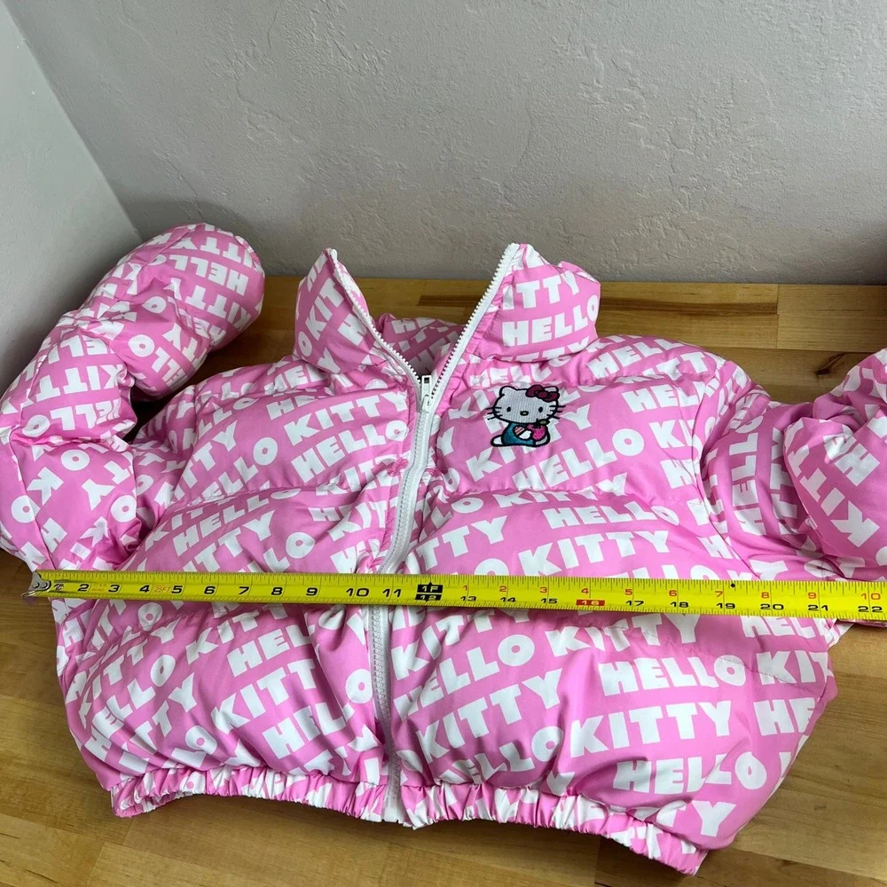 SHEIN x Hello Kitty Pink Puffer‎ Jacket Cropped Full Zip Embroidered Kids Size L